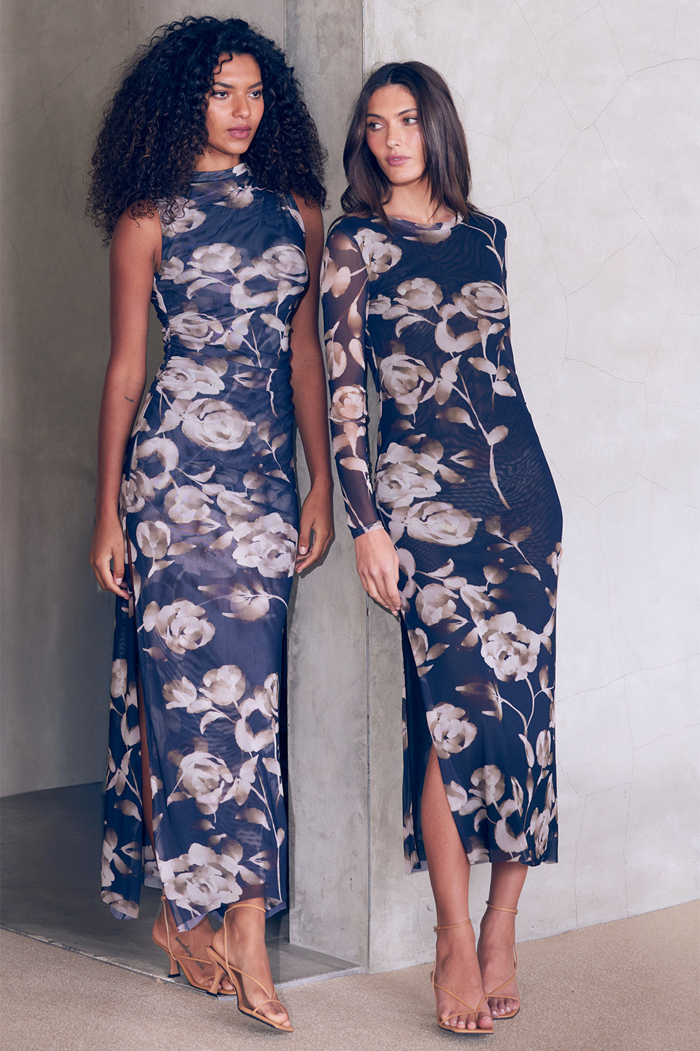 black mesh floral dress Asha Floral Mesh And Satin Maxi Dress / Black | MESHKI
