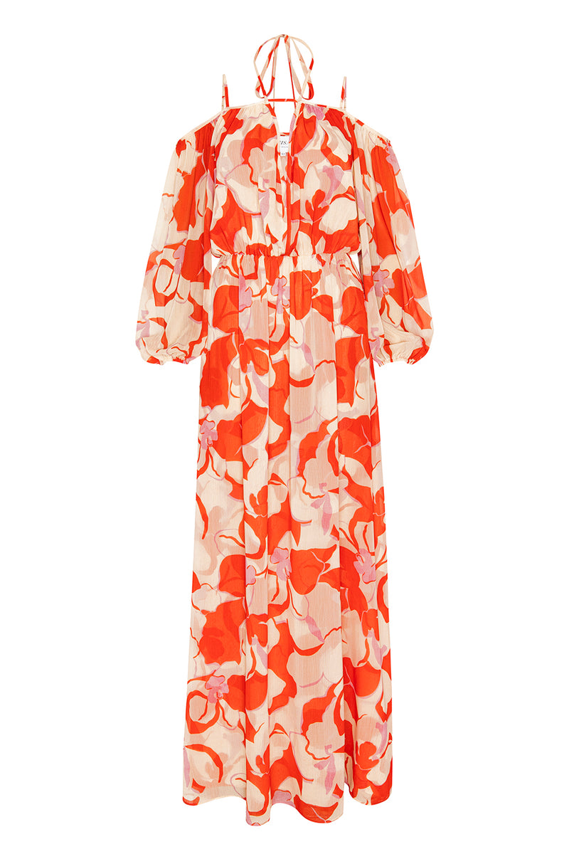 orchid orange maxi dress Amaya Strapless Chiffon Maxi Dress / Koi Orchid Print | MESHKI
