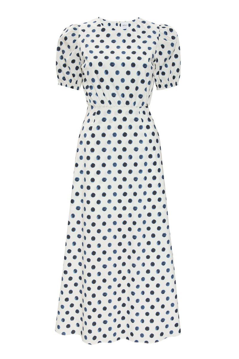 white dress blue polka dots Paris Polka Dot Two-Tone Midi Dress with Polka Dots main image 0