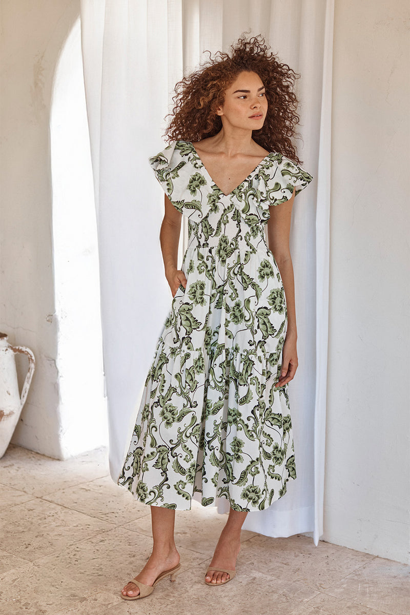 leona half sleeve frill trim dress leaf embroidered white Garden Paisley / XXS