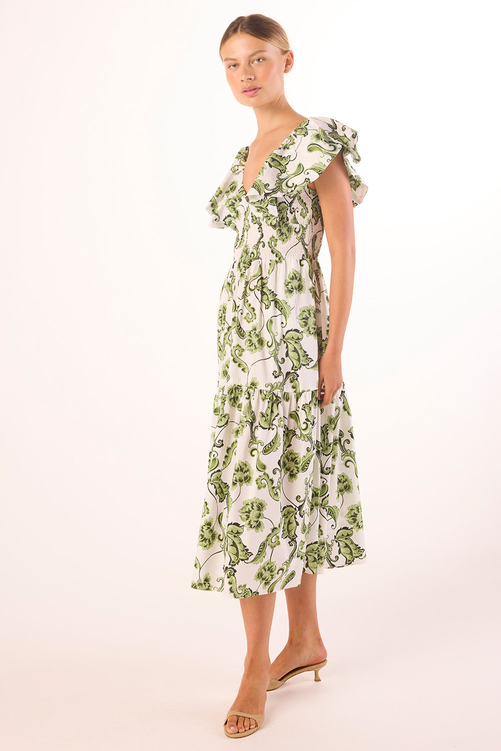 leona half sleeve frill trim dress leaf embroidered white Leona Half Sleeve Frill Trim Dress Leaf Embroidered White