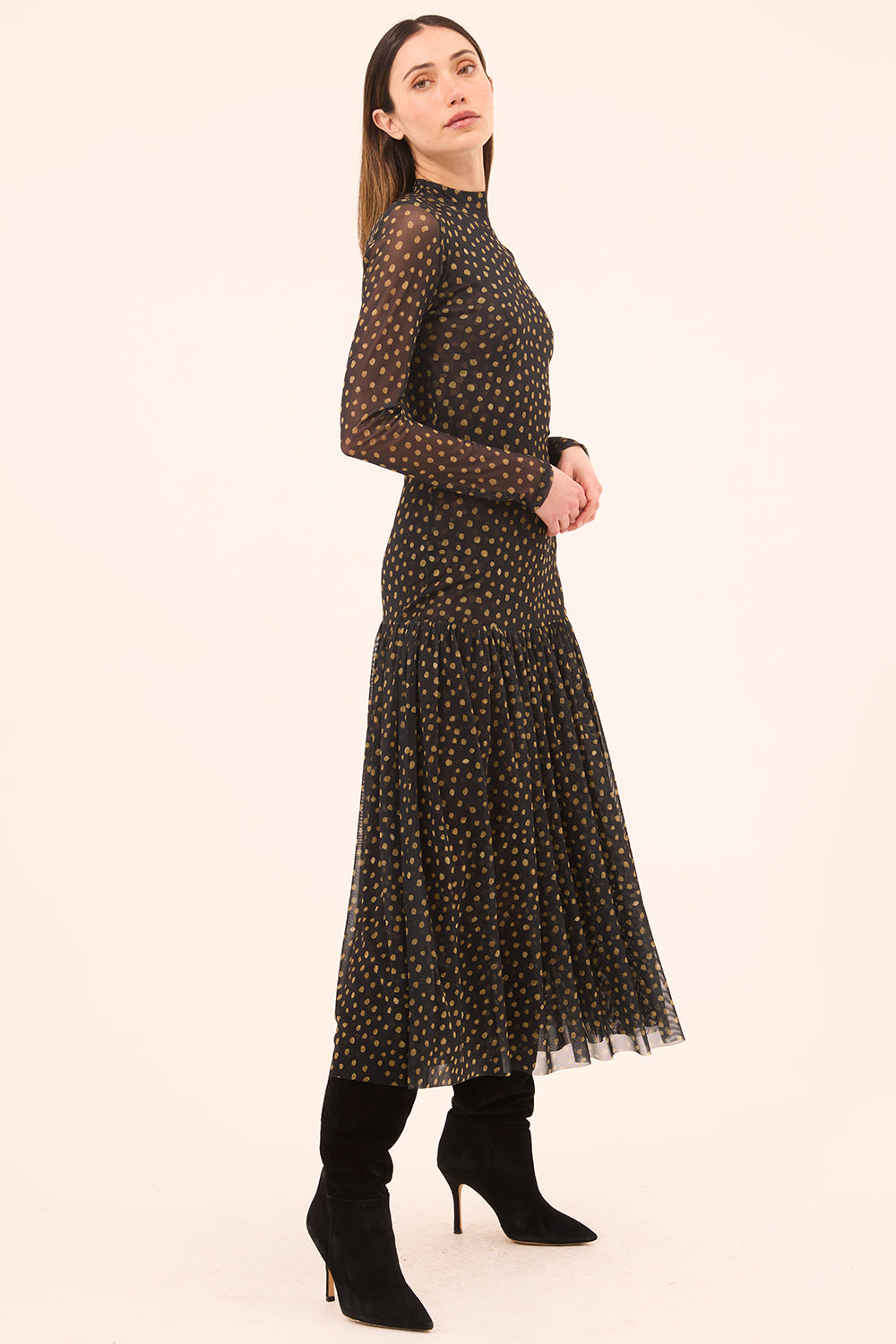 long sleeve polka dot midi dress Golden Polka Dot Mesh / XXS
